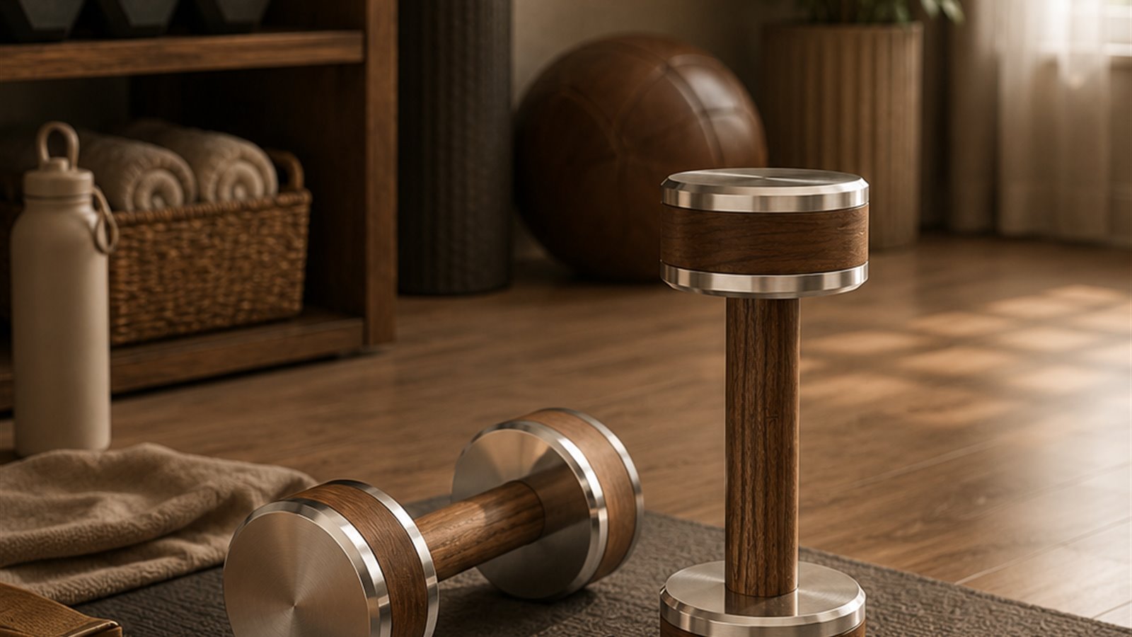 Solid wood dumbbells in a warm home workout space