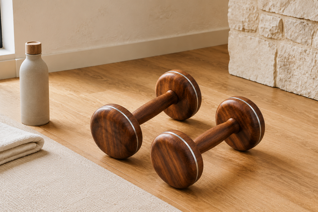 Ebony dumbbells on a wooden floor for a luxury home workout setup
