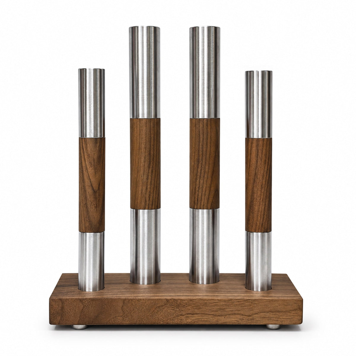 Solid wood dumbbell rod set with stainless steel ends on a wooden storage stand