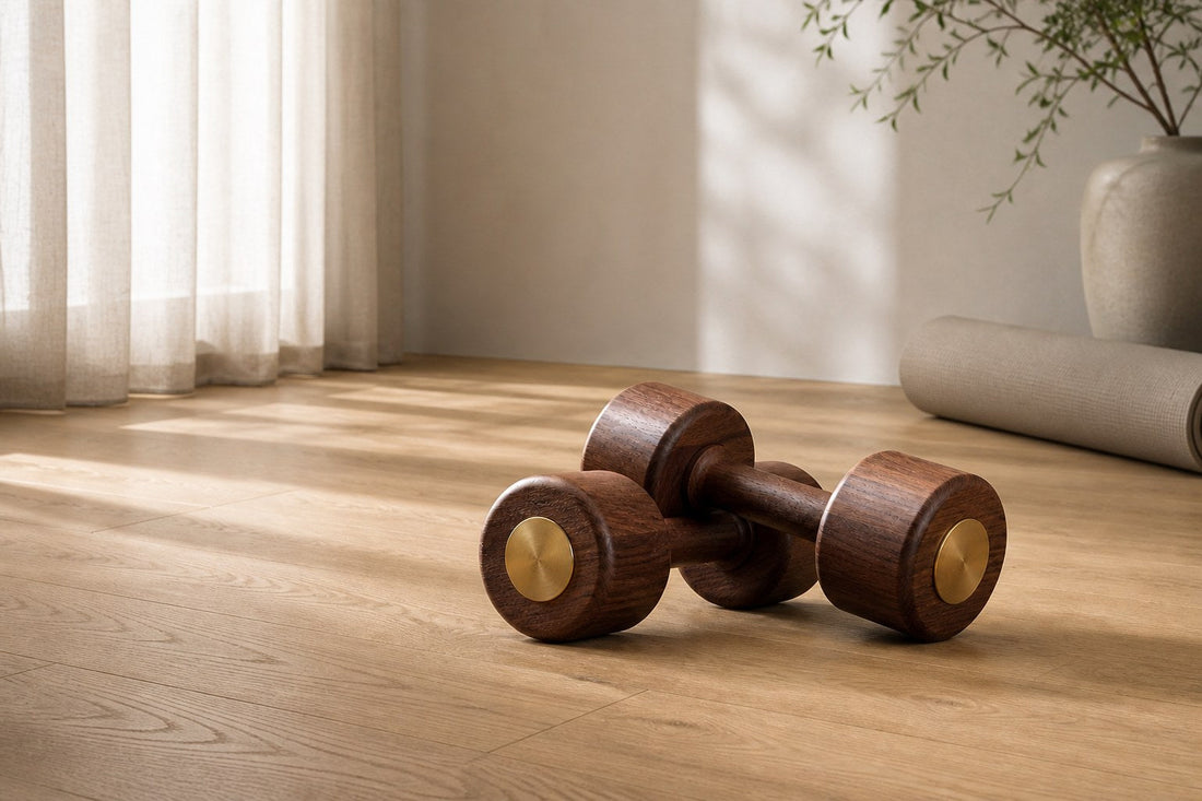 LIFEVENTRA solid wood dumbbells in a modern home gym