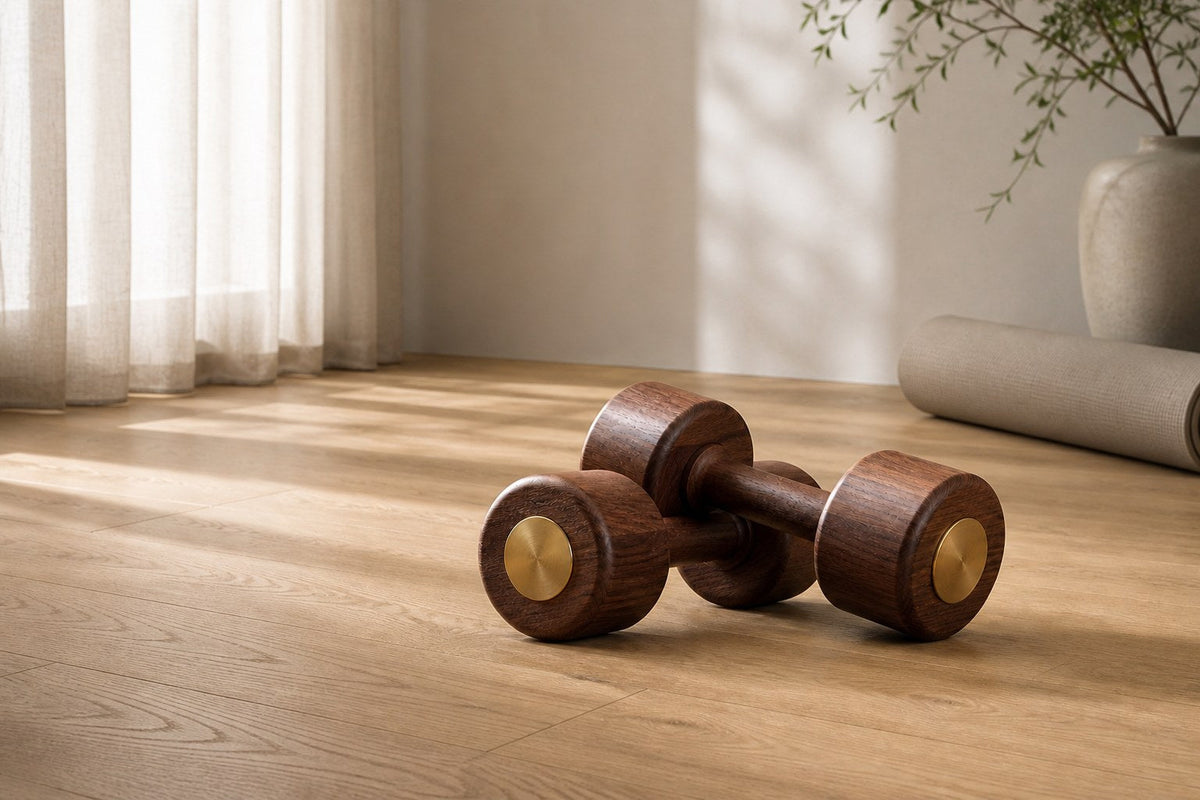 LIFEVENTRA solid wood dumbbells in a modern home gym