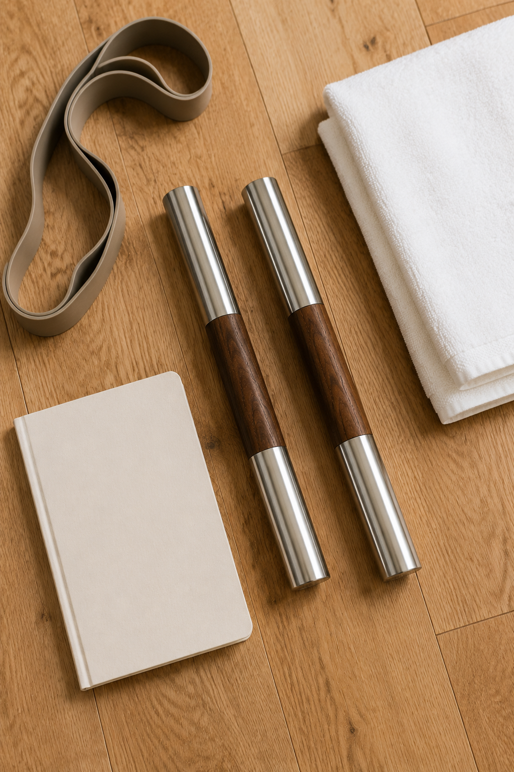 Wood stainless steel handheld weight bars with towel notebook and resistance band on wood floor