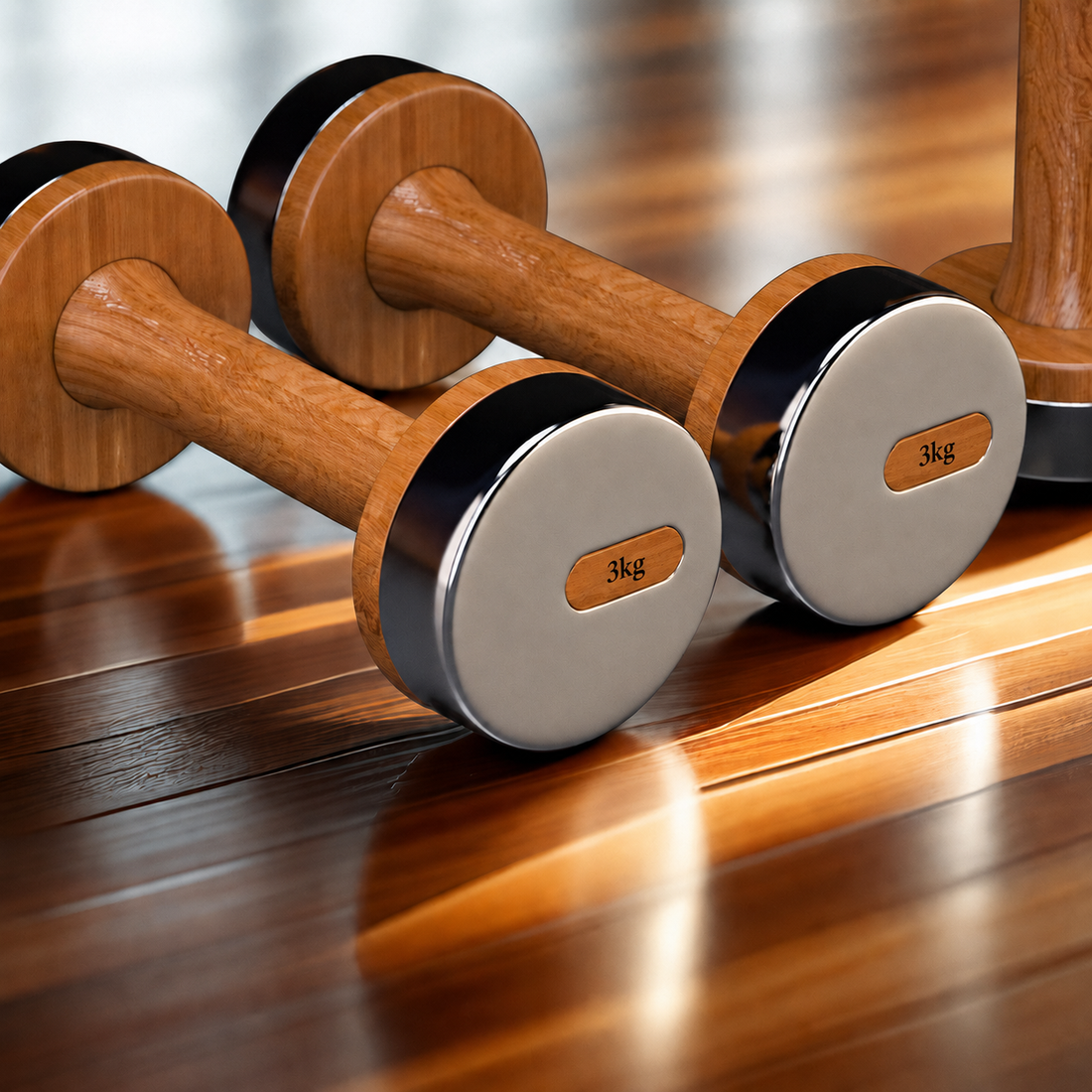 Three kilogram wood style steel dumbbells on a polished wooden floor