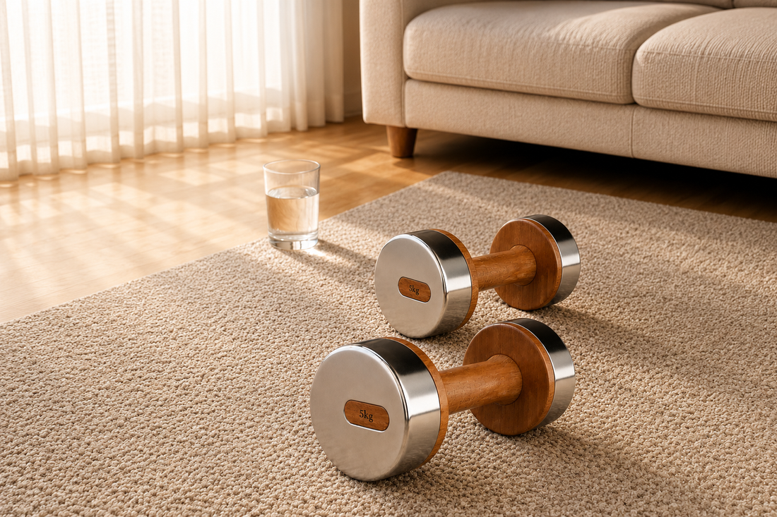 Five kilogram wood style steel dumbbells in a warm living room workout space
