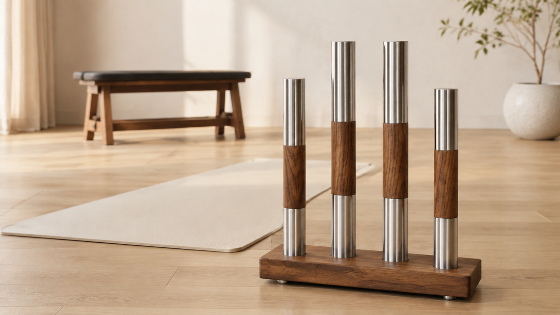 Wooden weighted workout bars displayed in a calm home fitness space